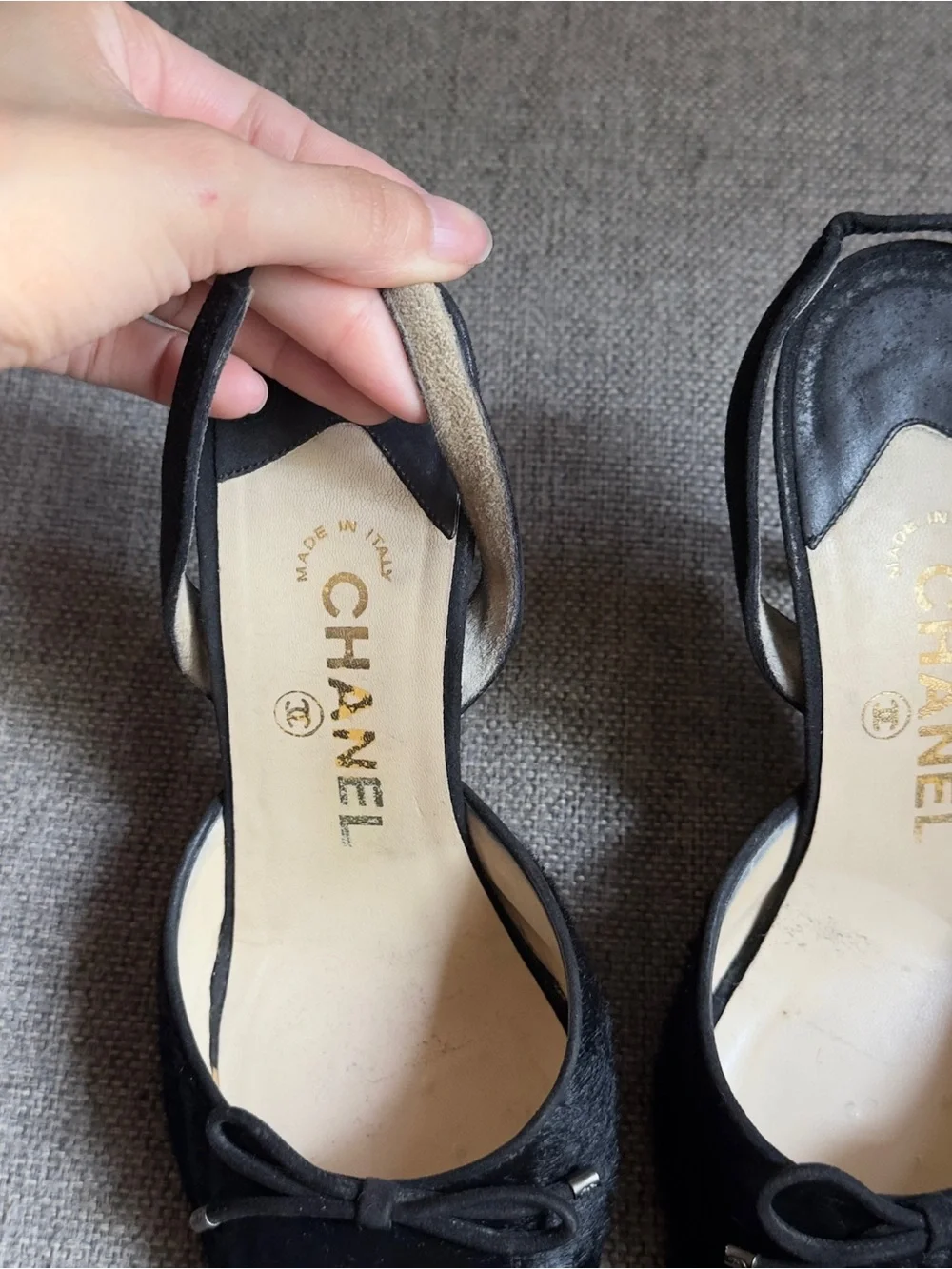 Vintage Chanel black pony hair slingback heels